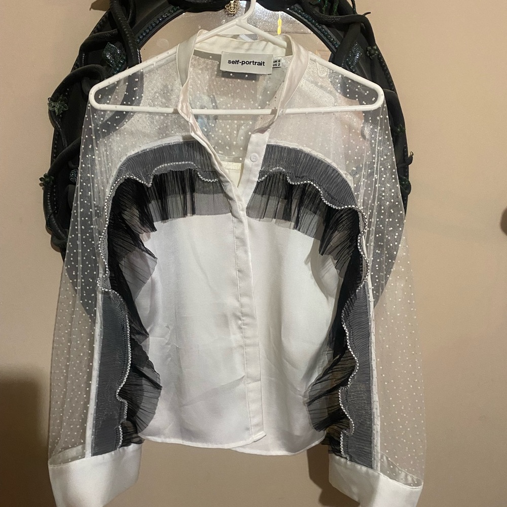 Self-Portrait Black White Lace Ruffle Satin Blouse